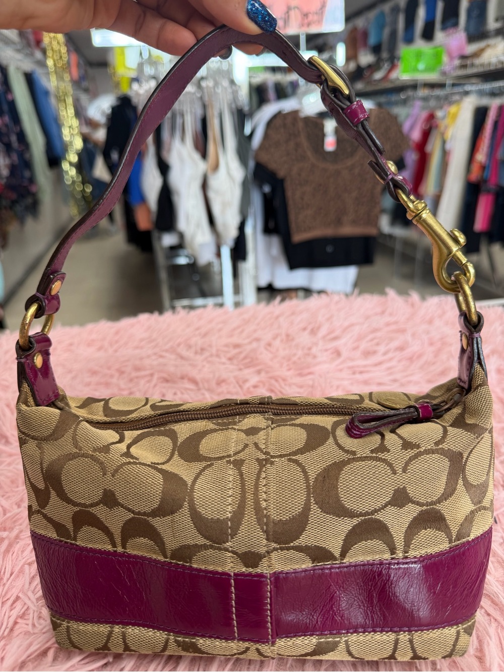 Coach Khaki Signature Canvas Shoulder Bag with Plum Leather Trim